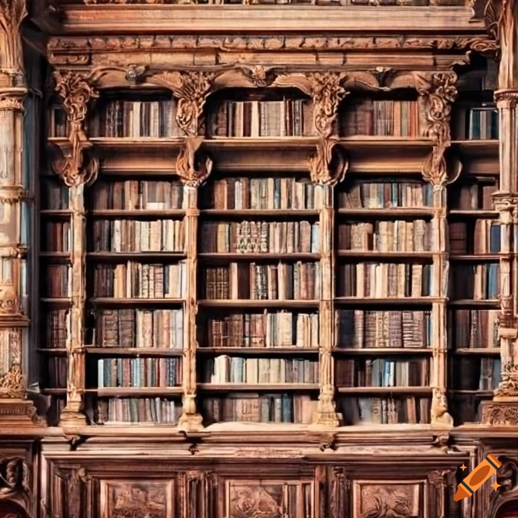 Intricately designed baroque wooden bookshelf in an old library with books