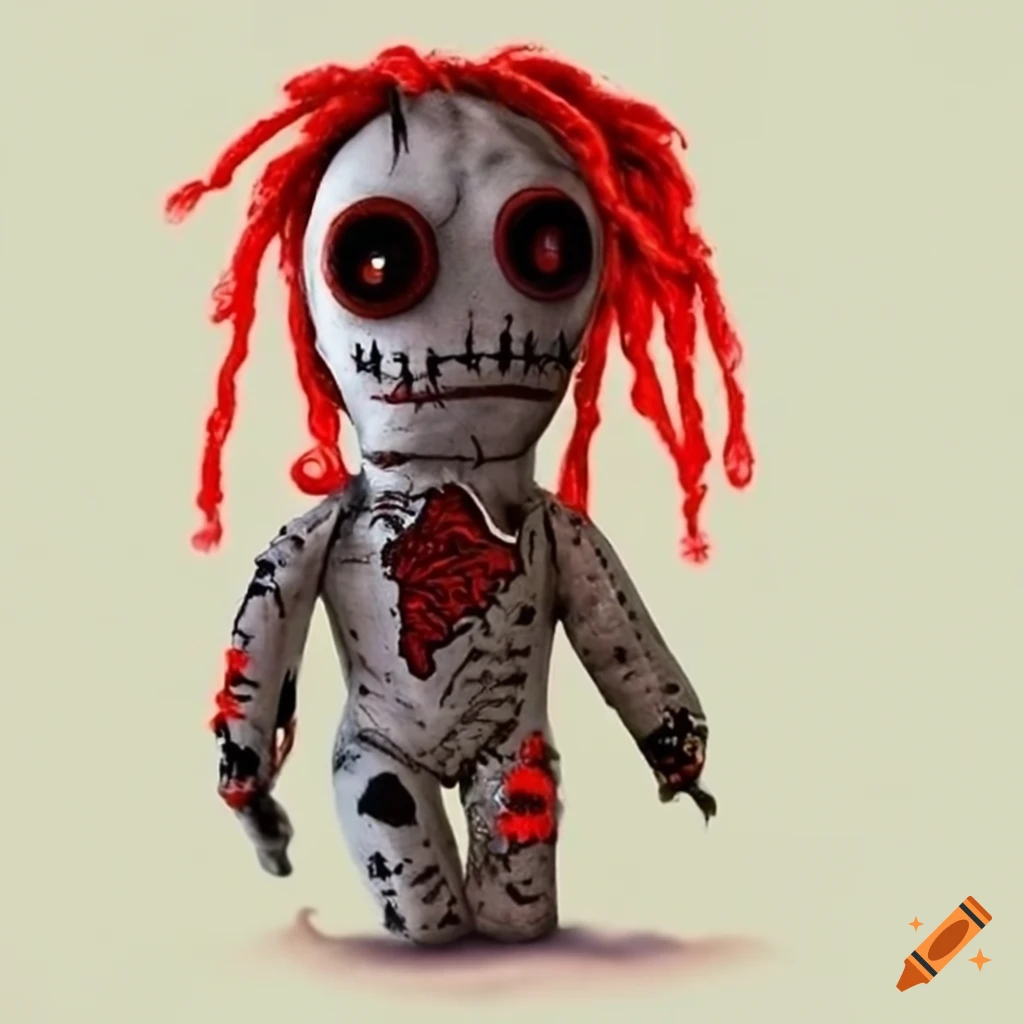 Horror voodoo doll with red dreadlocks and tattoos