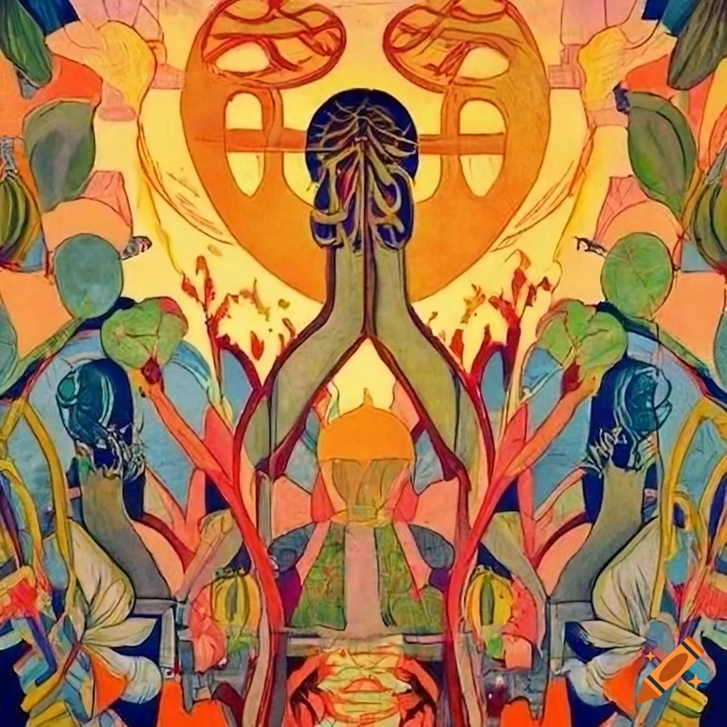Illustration of Celtic, Japanese, and Viking fusion cultures in the Amazon rainforest during sunrise