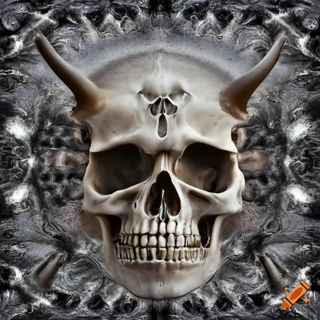 Symmetrical dark skull with ornate horns