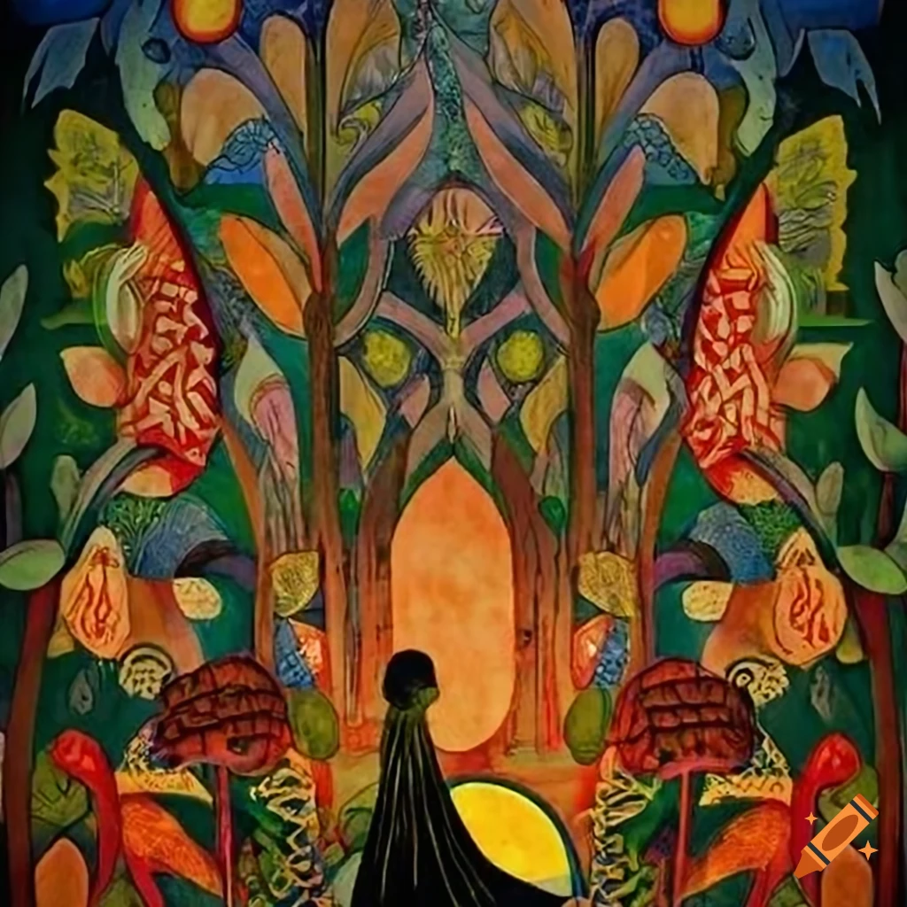 Illustration of Celtic, Japanese, and Viking fusion in the Amazon rainforest at sunrise Golden Hour