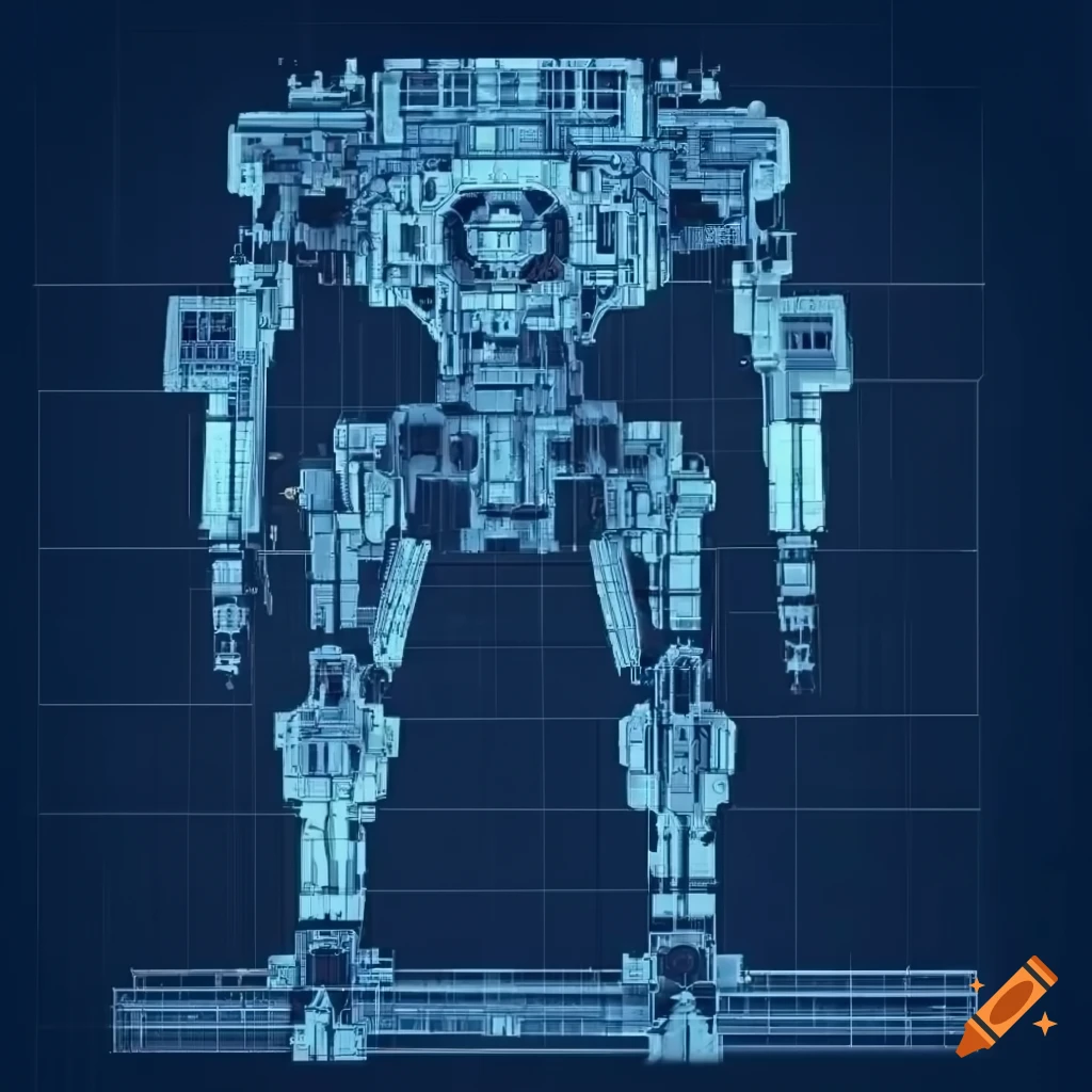 Detailed engineering blueprint of a light sci-fi mech with complex construction