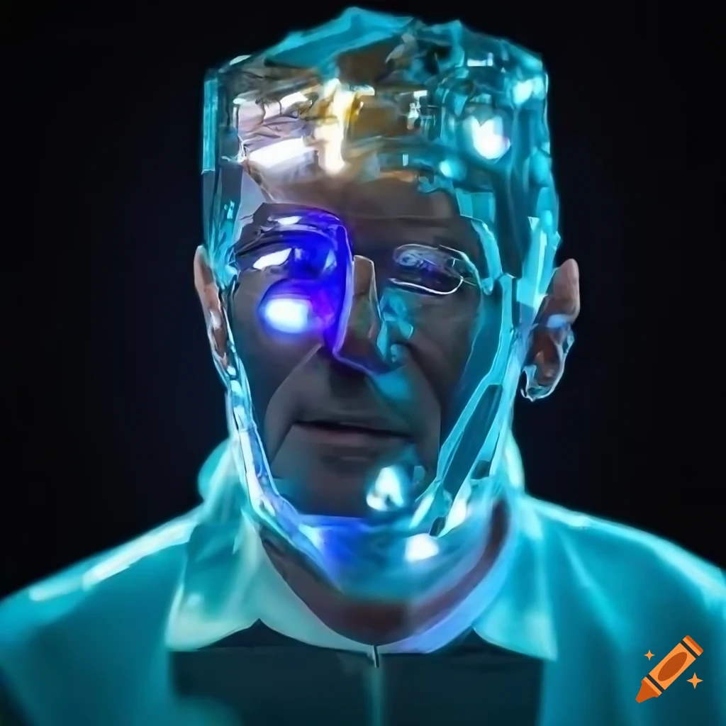 Skinny elderly man in futuristic crystal shard dress shirt with LED lights on face