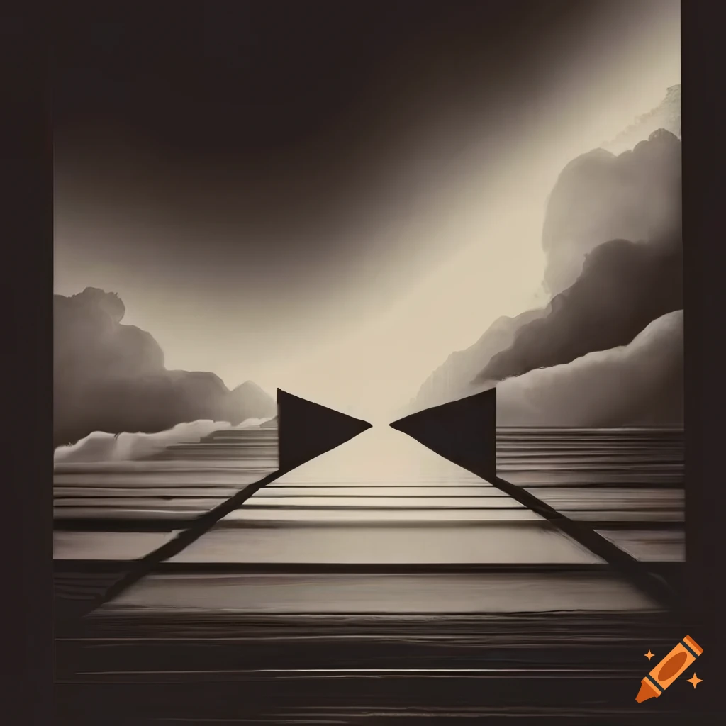 Retro 1950s surrealist graphic art with rooms, windows, and strange forms