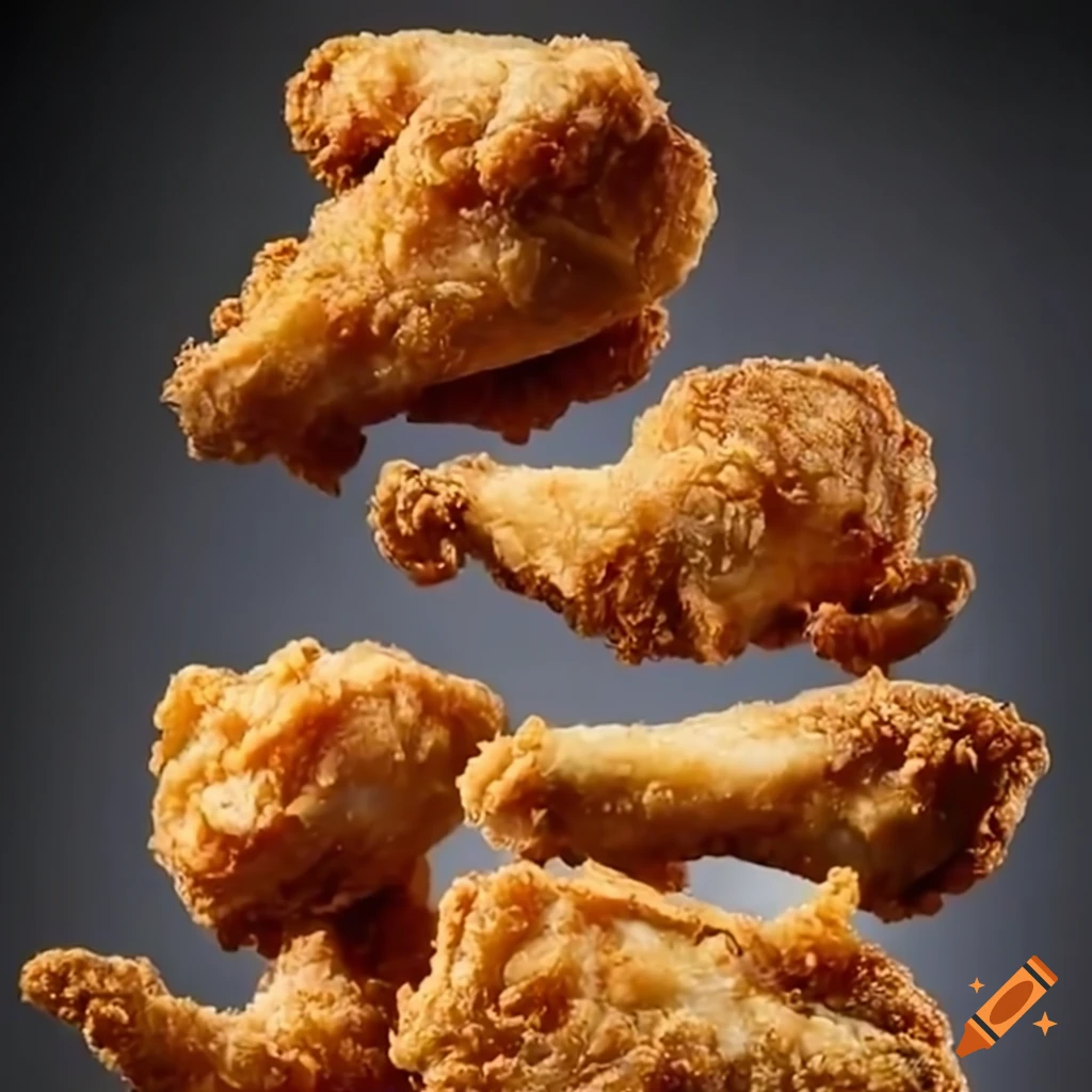 Crispy fried chicken pieces suspended in mid-air