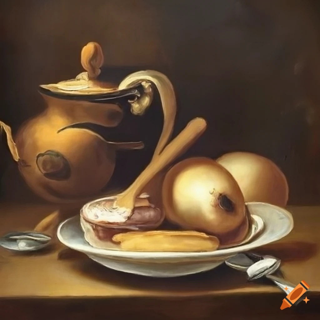 Baroque oil painting of a breakfast still life