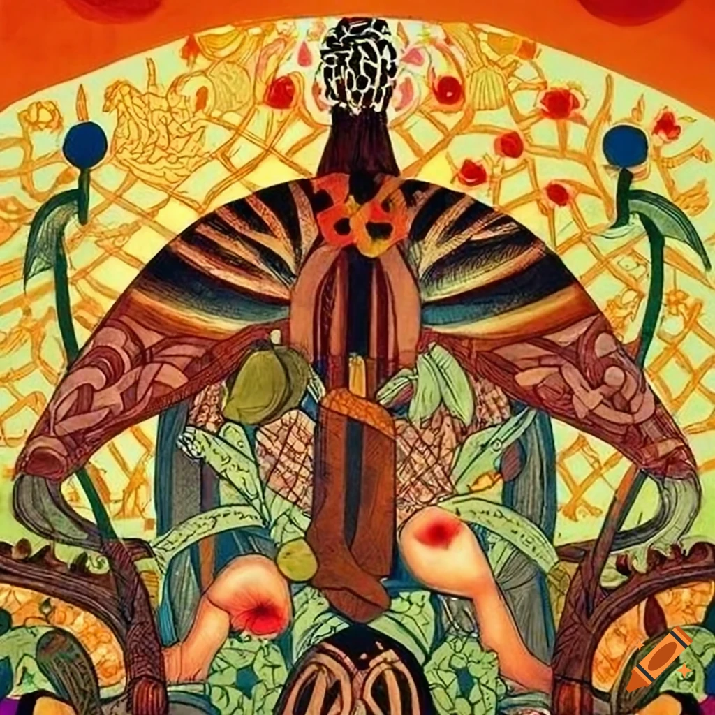 Illustration of Celtic, Japanese, and Viking fusion in the Amazon rainforest at sunrise Golden Hour