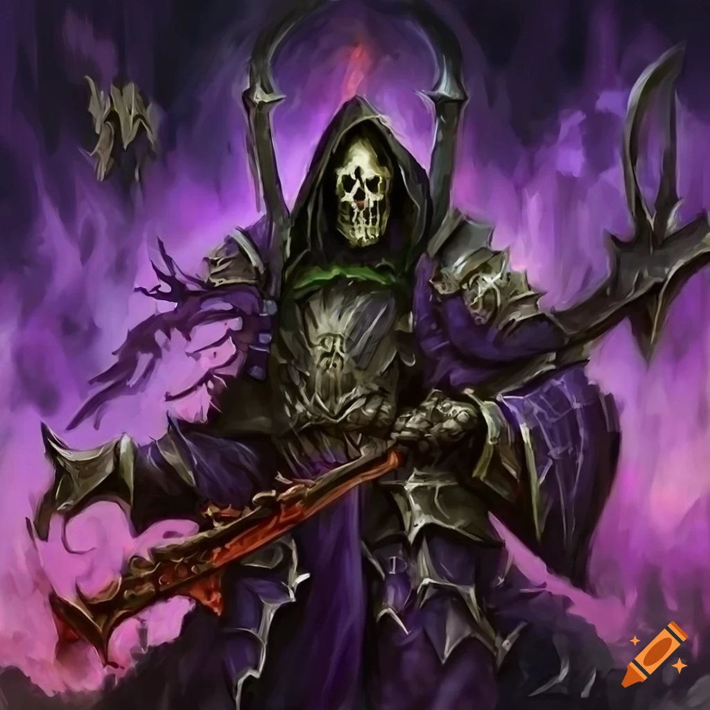 Powerful undead reaper dark knight in skull armor holding a mass in detailed oil painting