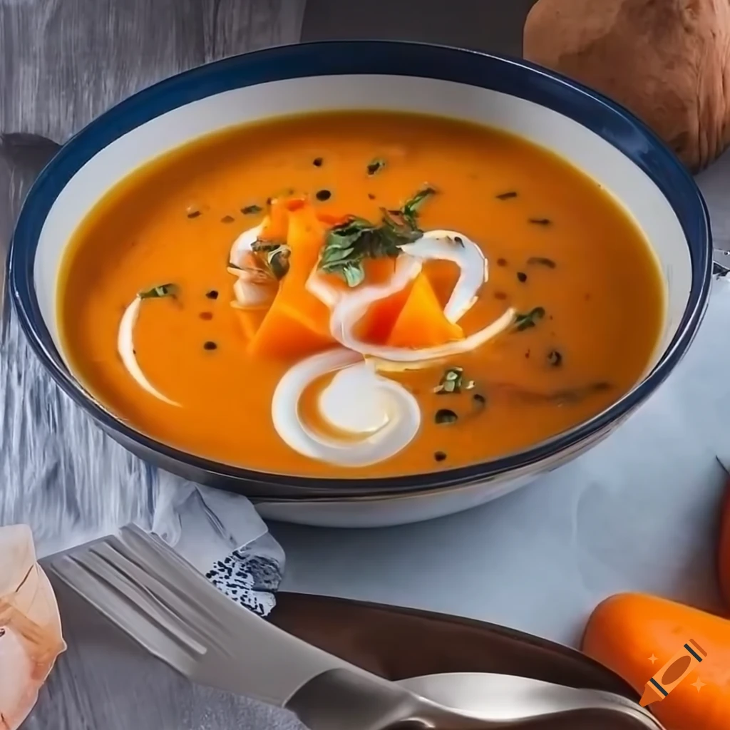 Homemade Dutch sweet potato and carrot soup with coconut milk and peanut butter