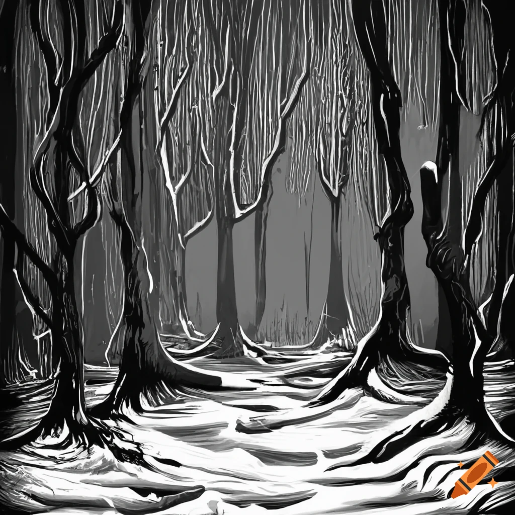 Dark forest covered in snow in black and white art