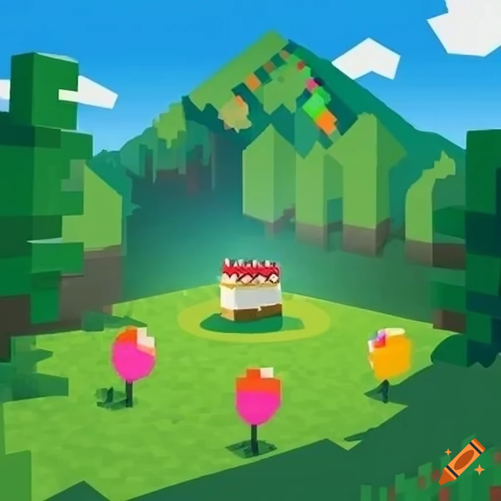 Minecraft-themed block party invitation with picturesque landscape