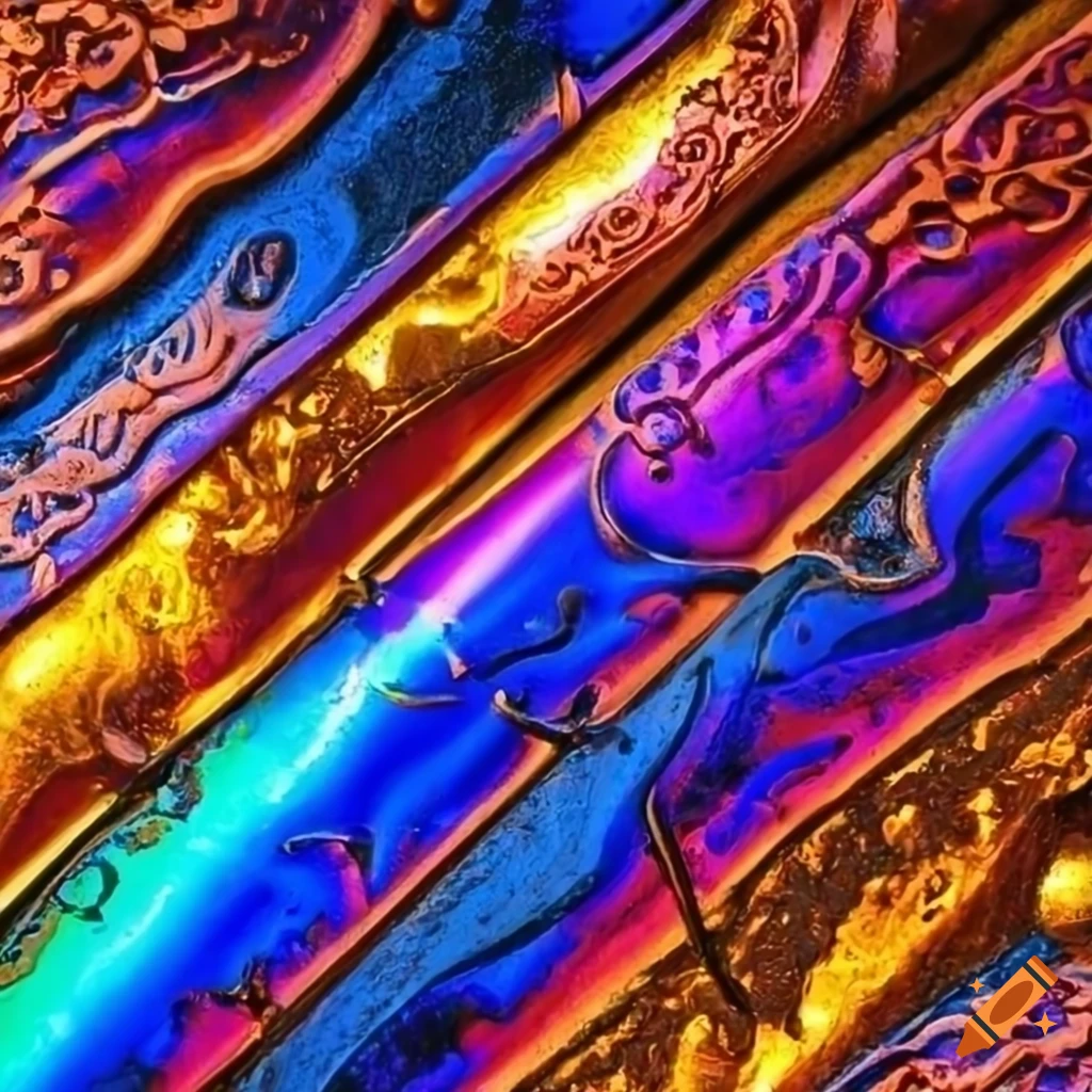 Colorful amber gemstone on metal bar with tribal carvings