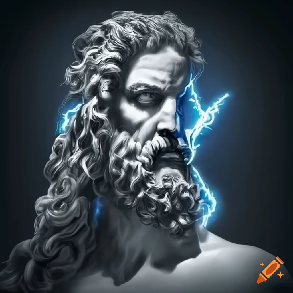 Greek god Zeus with a lightning bolt in a black and white portrayal