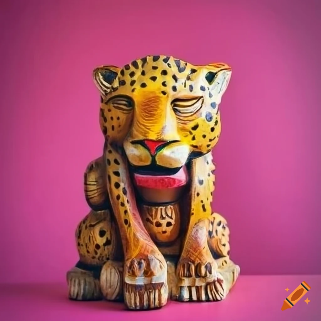 Authentic Bali wood carved jaguar on a vivid pink background