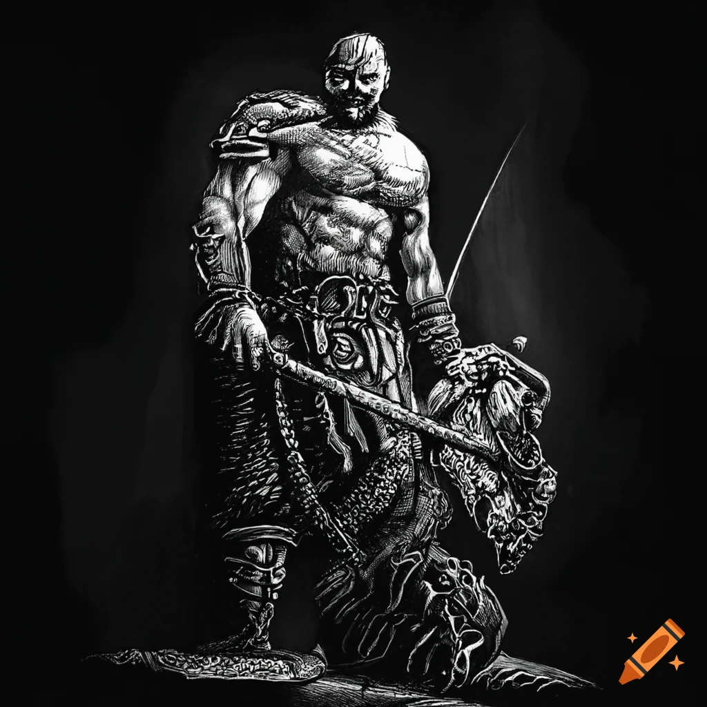 Engraving of a black and white barbarian warrior