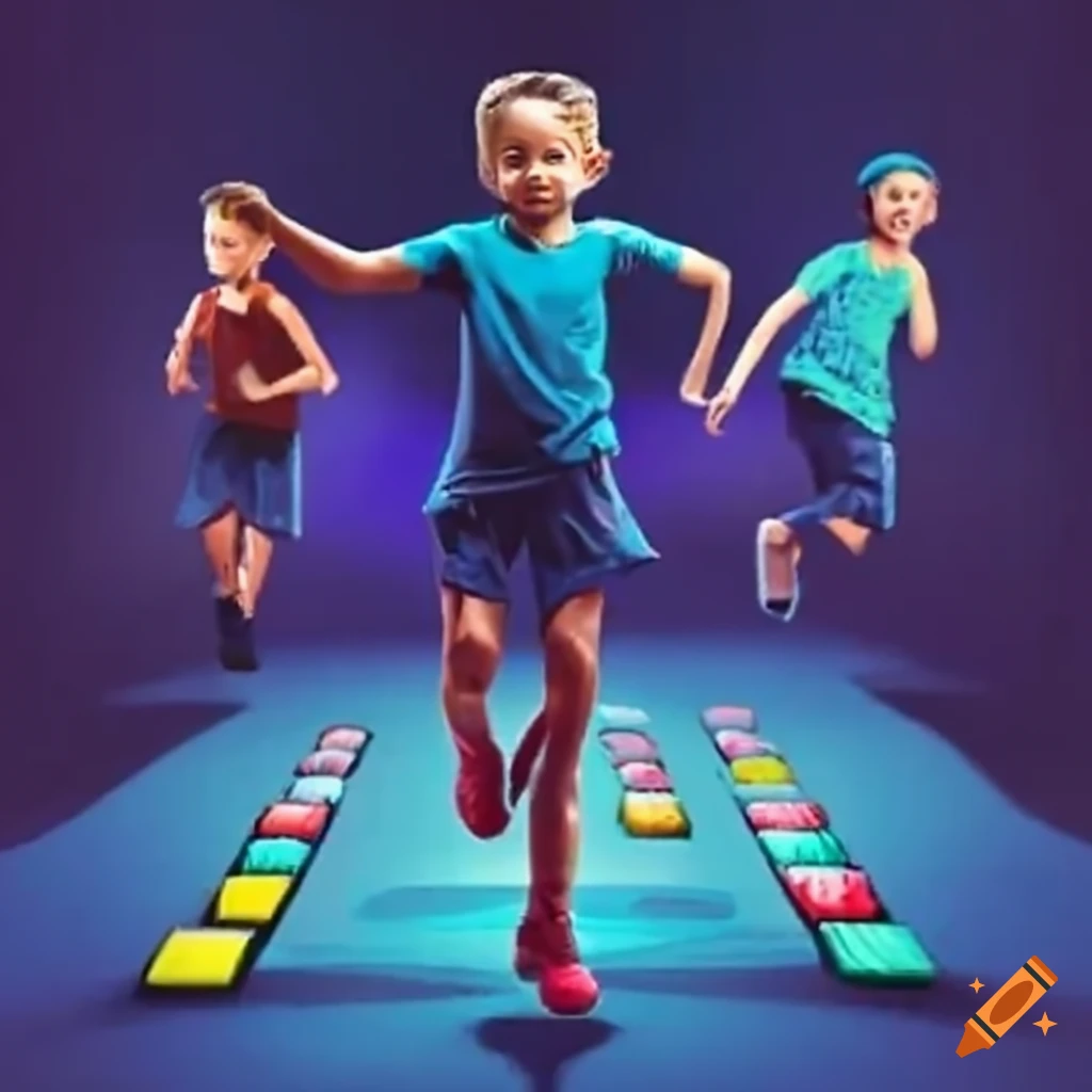 Competitive hopscotch game with live audience and energetic players