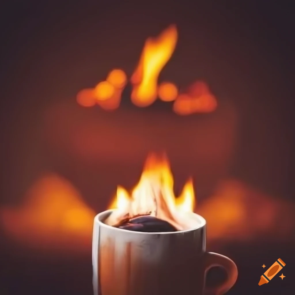 Hot drink in wooden cup with campfire in abstract style