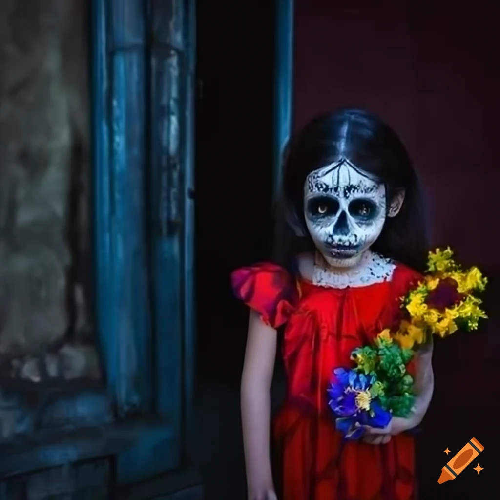 Dia de Los Muertos girl with colorful flowers near a church