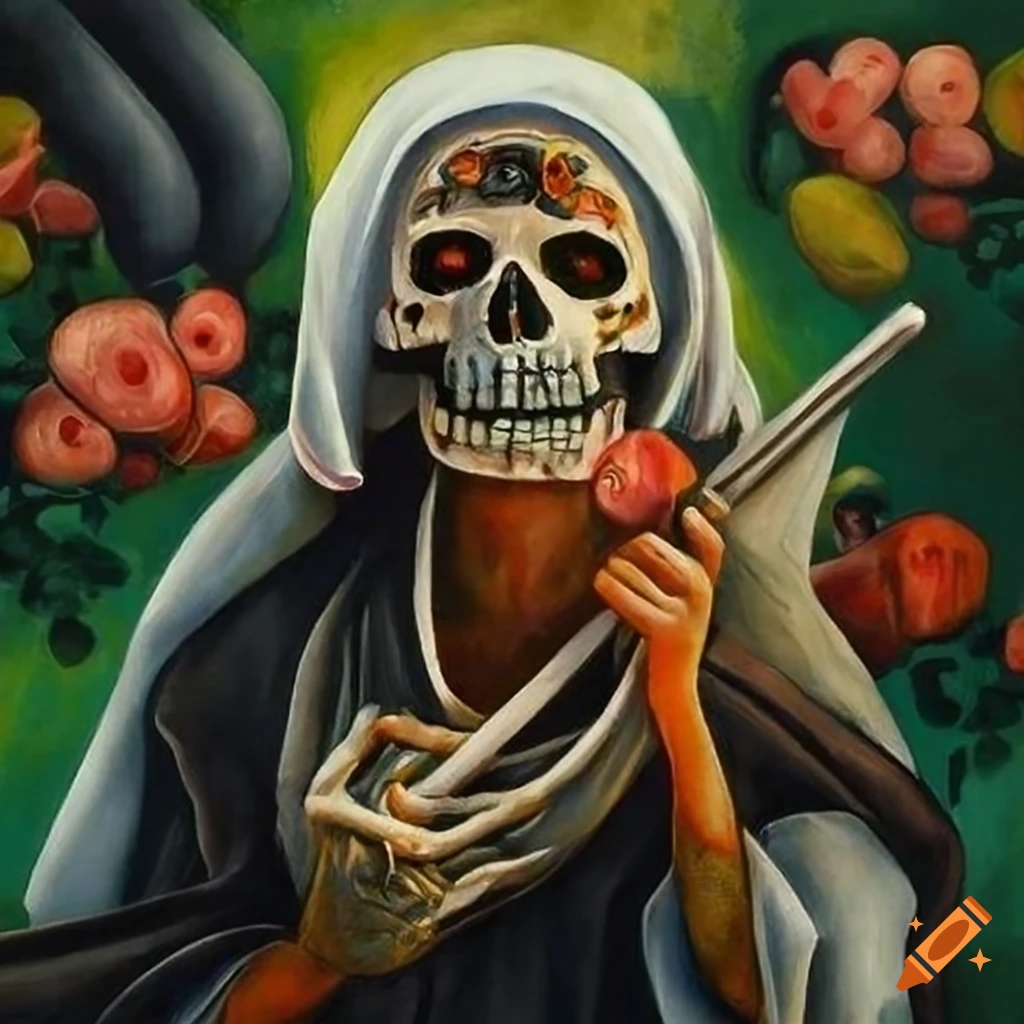 Santa Muerte Voodoo Loa figures tending to a garden in a collaborative lithograph