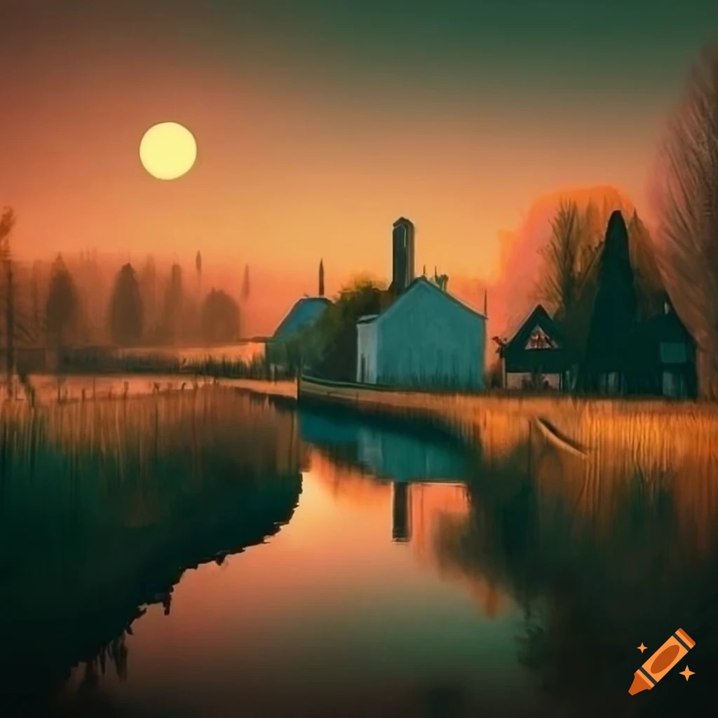 Serene landscape with houses by a canal, smooth meadows, bridge, and streaming sunlight
