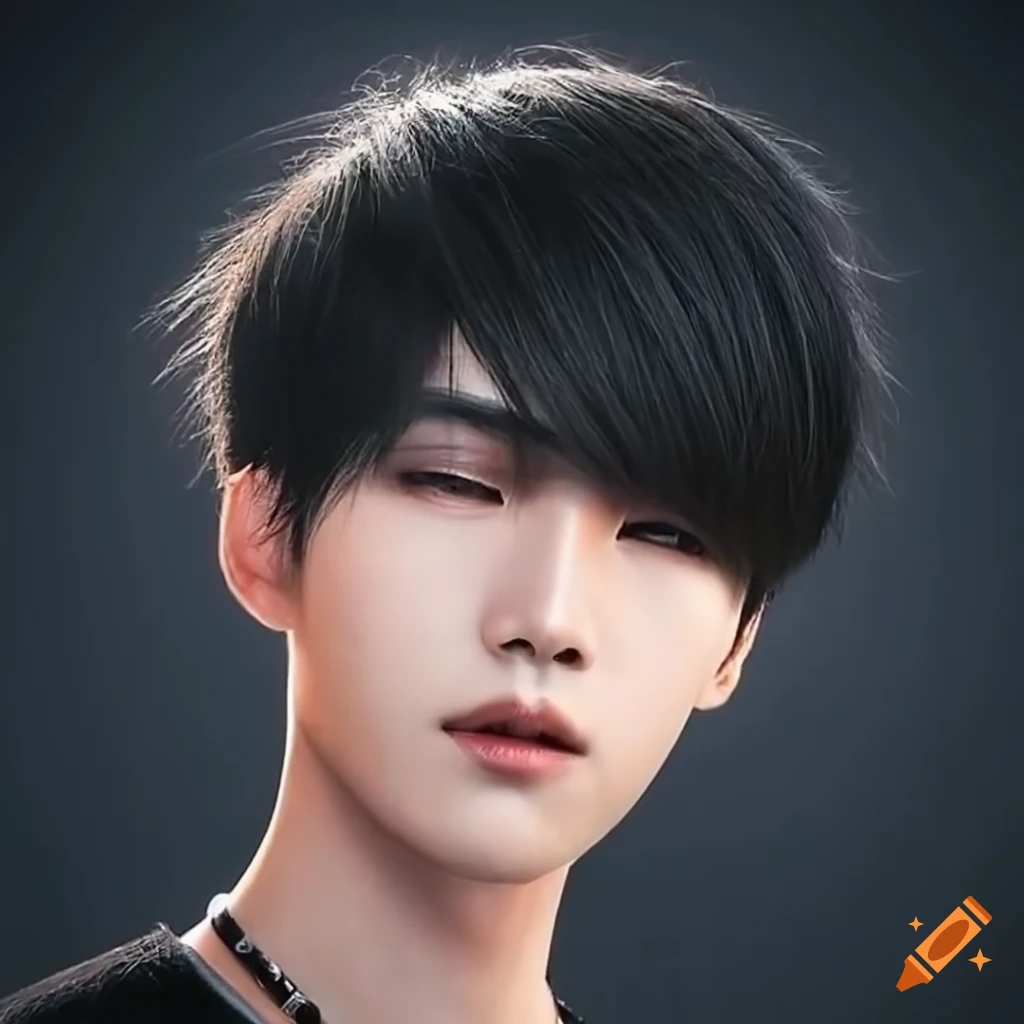 Asian man with mid-length voluminous black hair styled in a 'scheitel'