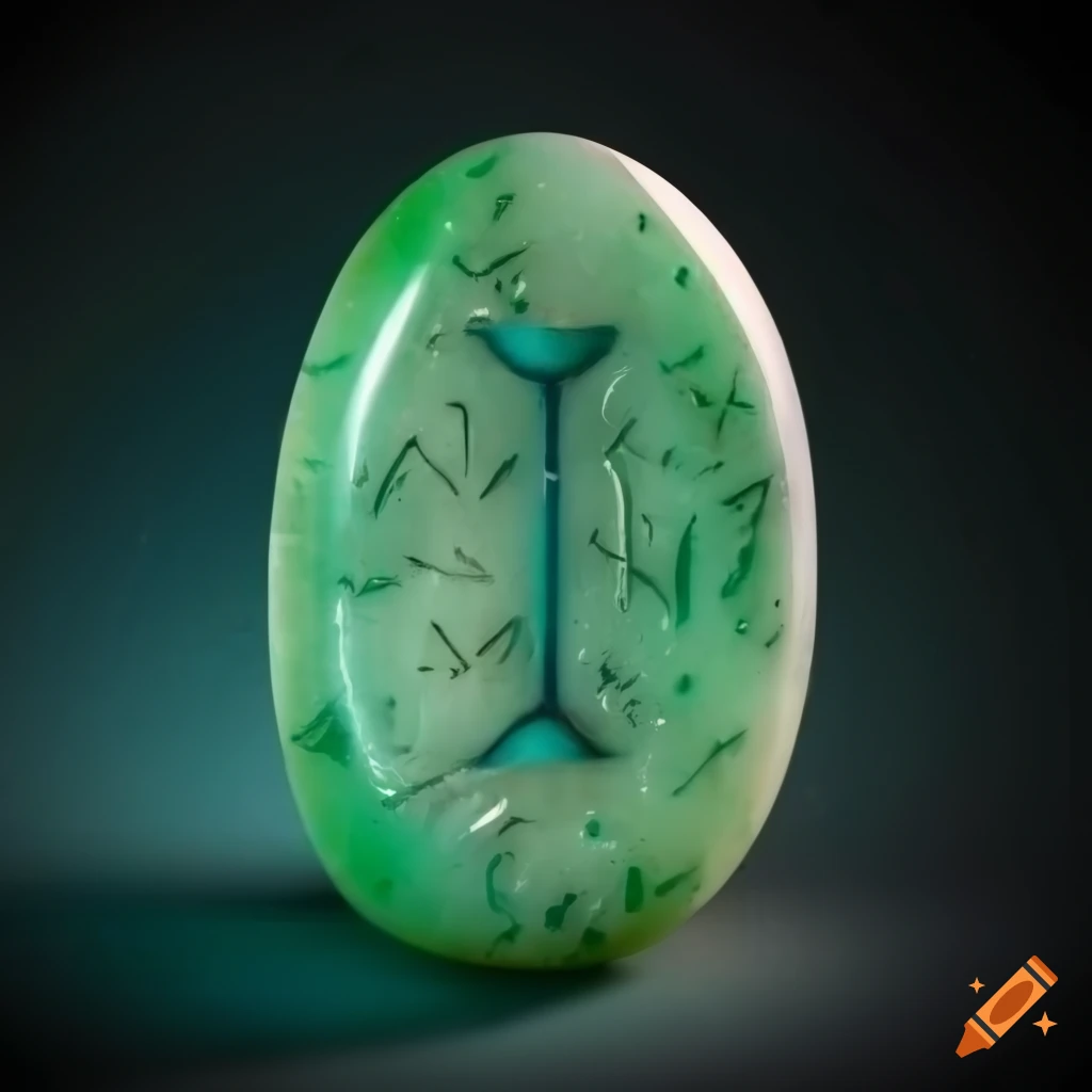 Jade stone with engraved runes on white background
