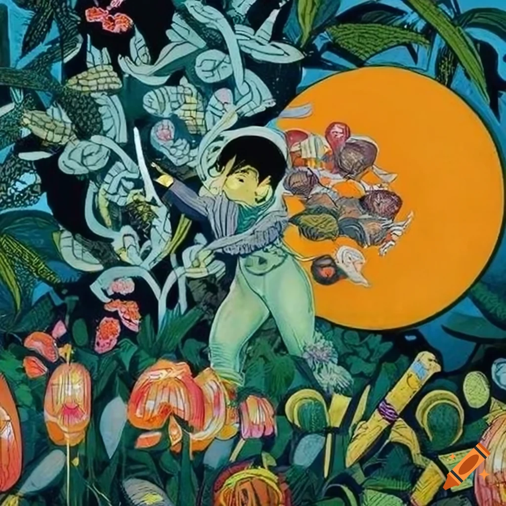 Illustration of fusion cultures in the Amazon river rainforest at sunrise Golden Hour