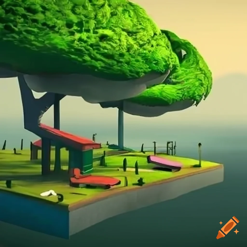 Urban scene with trees and green areas on a monochromatic island city with a pedestal