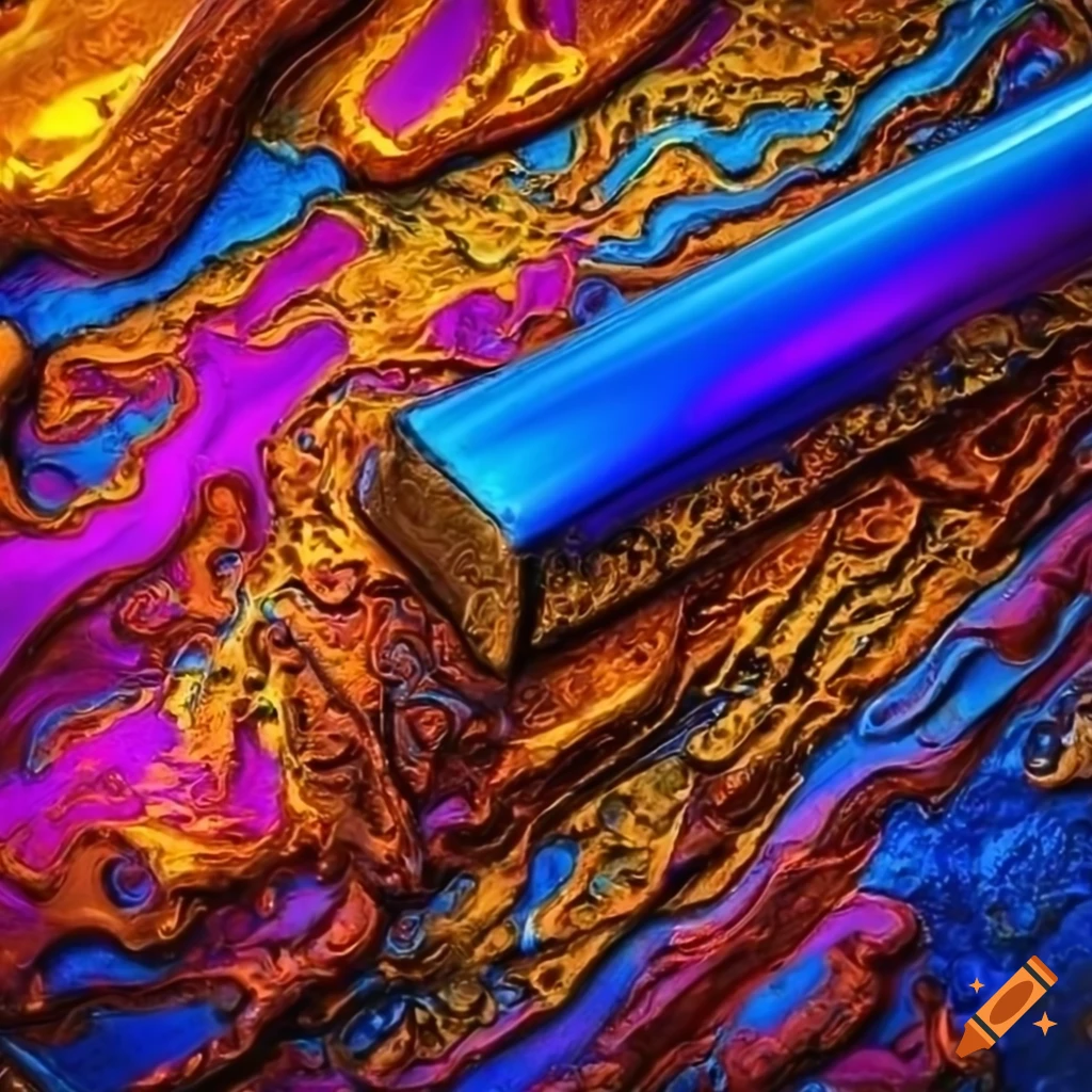 Colorful tribal carved metal bar with gemstones on concrete background