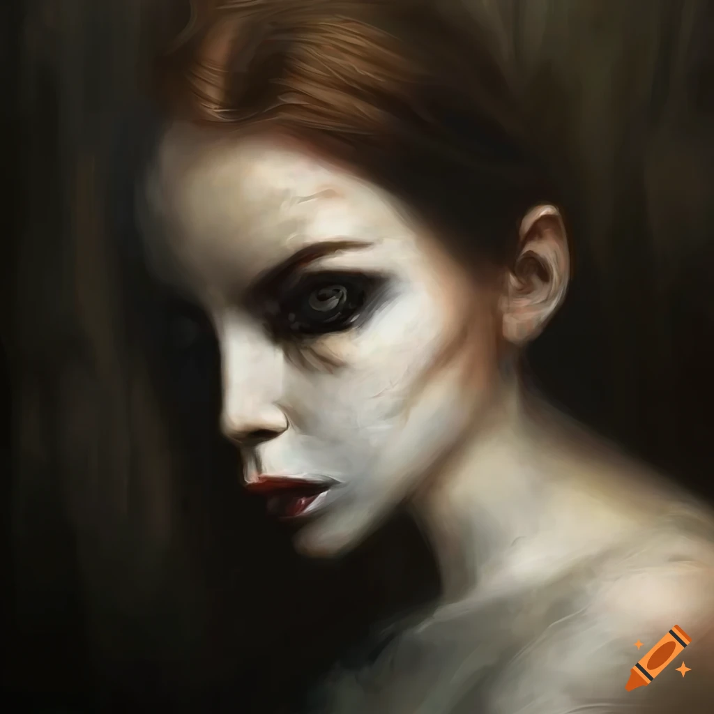Profile portrait oil painting of a pale female creature with dark eyes ...