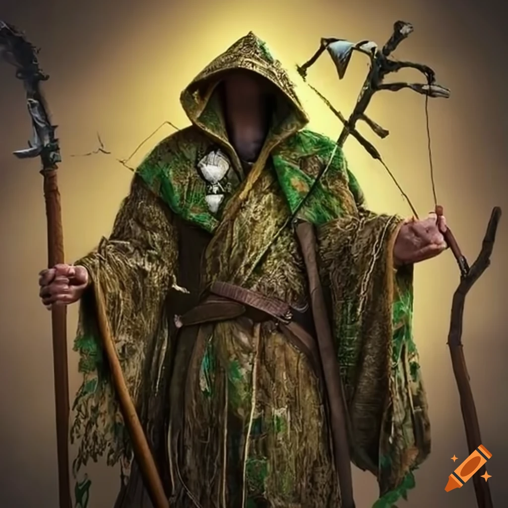 Cleric in mossy oak camo robe with hood up holding a staff with golden bass