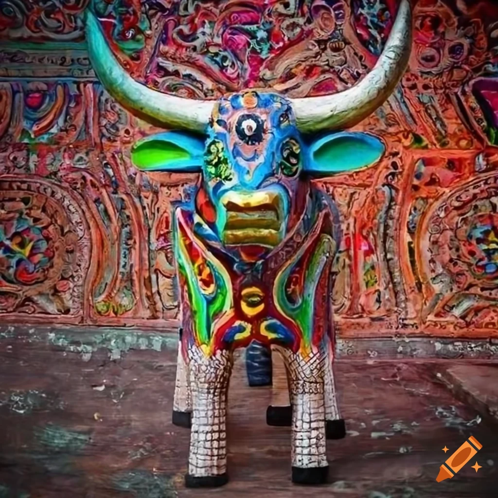 Colorful wooden tribal bull art on a waxed background