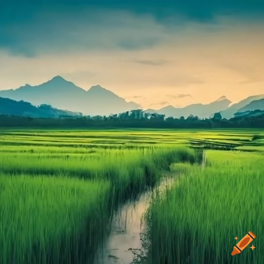 Serene paddy field with green rice plants under a clear blue sky on Craiyon