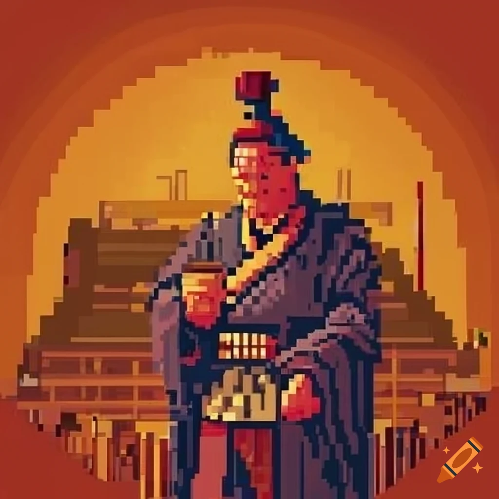 Vintage travel poster style depiction of Judge Dee in orange hues, with Chinese landscapes and market