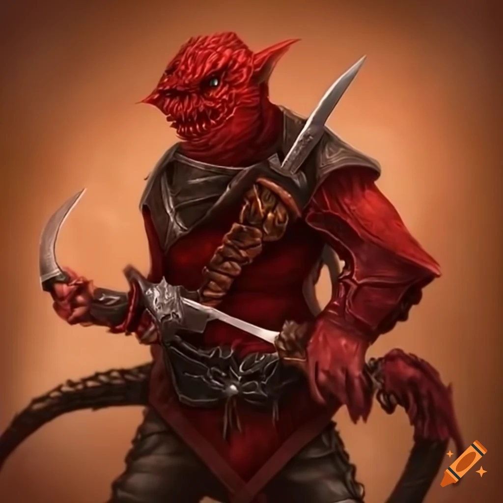 Red dragonborn with bone knives in each hand