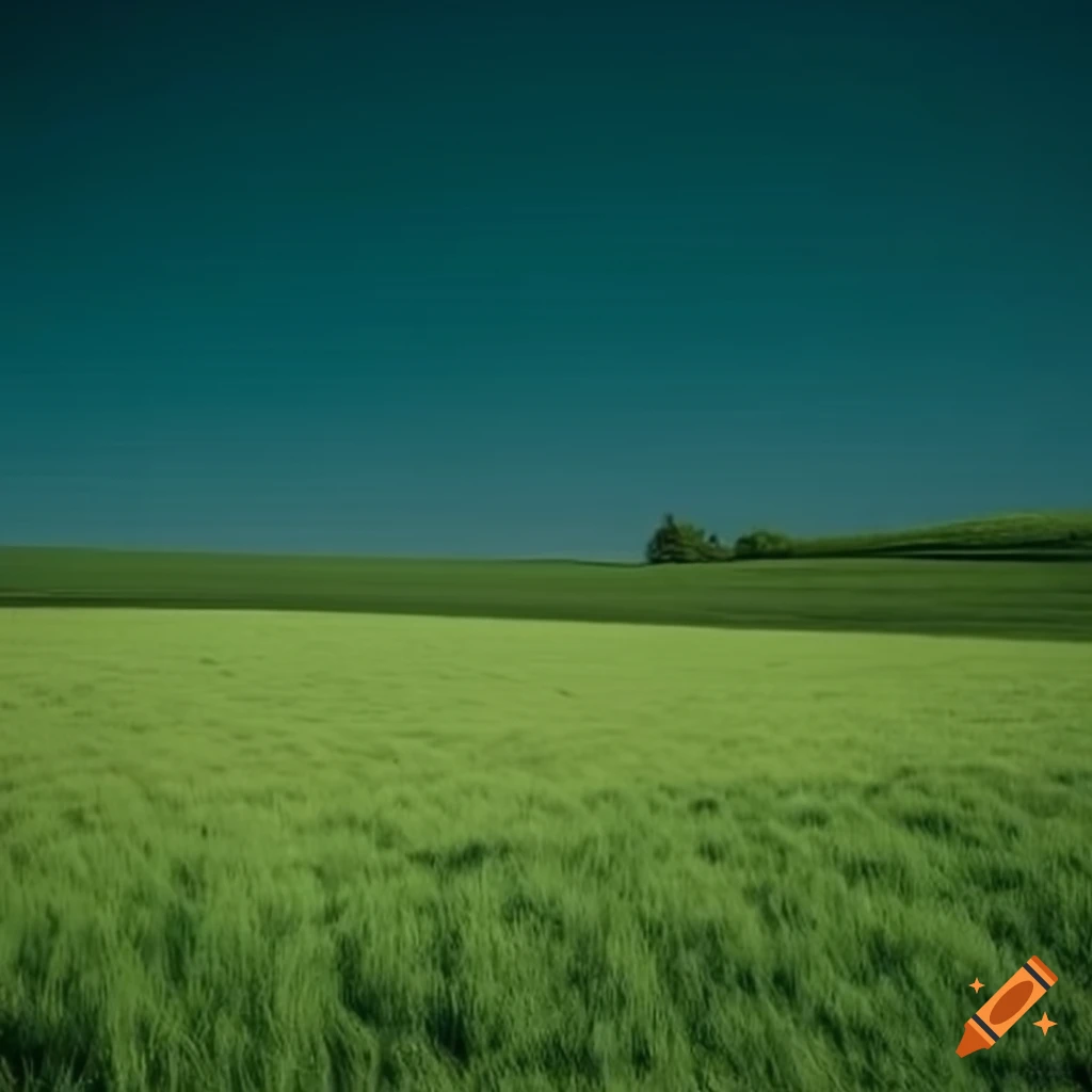 Vast green plain with a single house on the horizon in a dreamcore setting