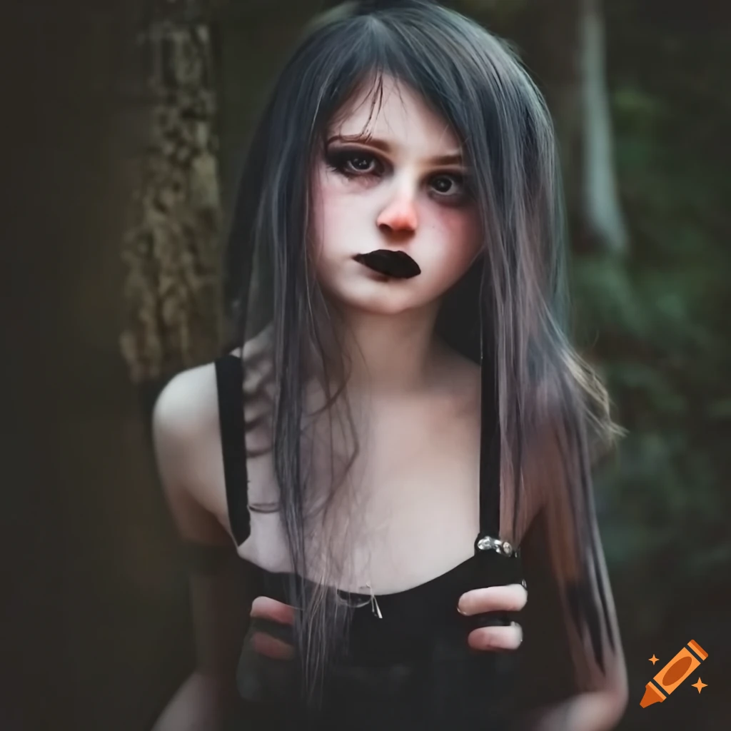 Girl with twintails, freckles, and glasses in black dungarees with gothic style
