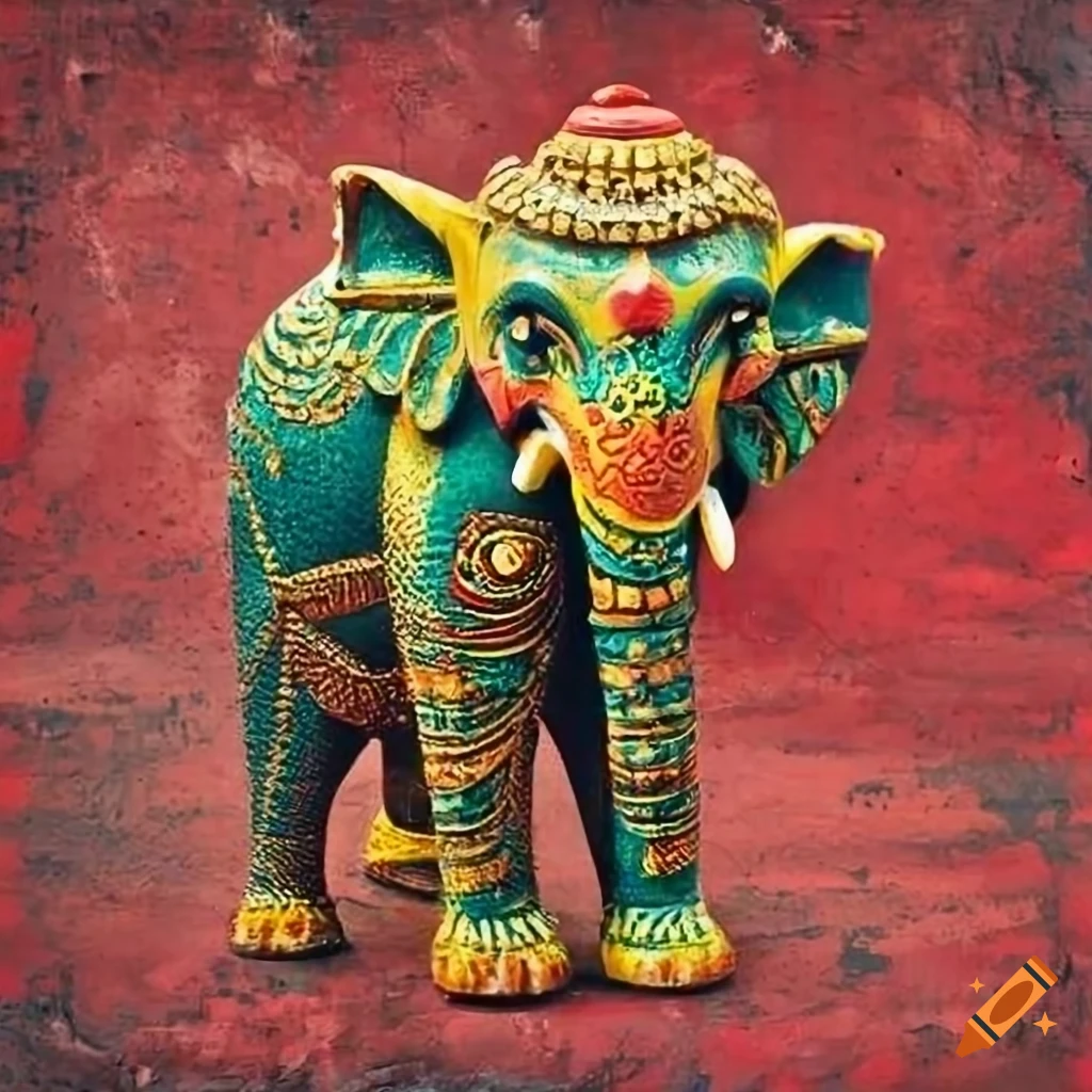 Yellow elephant on red concrete waxed background Bali art