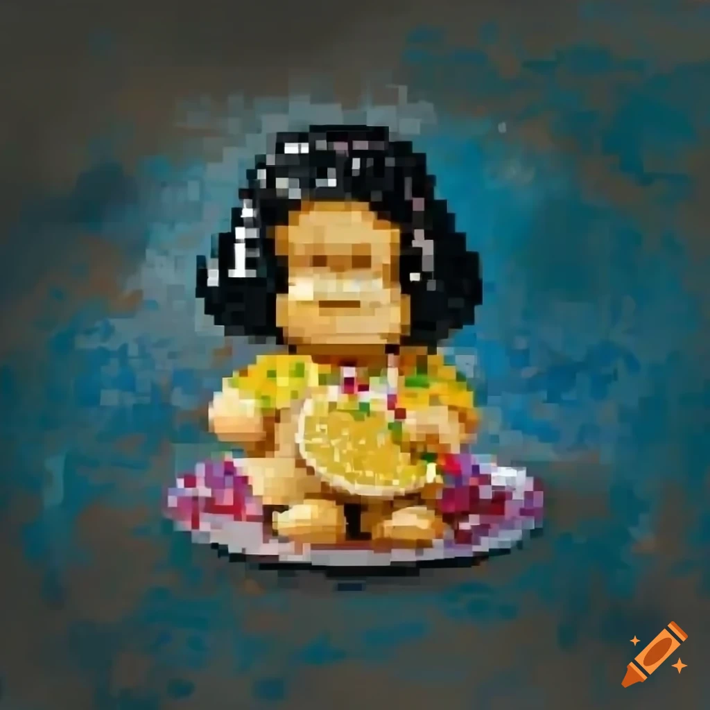 Mafalda lemon cookie figurine on Chinese plate in pixel art oil painting style