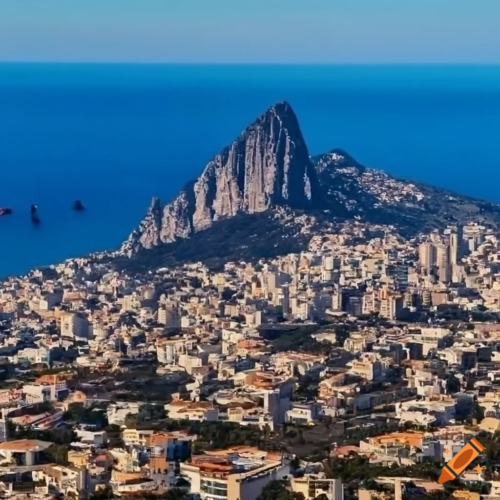 Aerial view of a mountain city with skyscrapers near the Mediterranean Sea in Africa