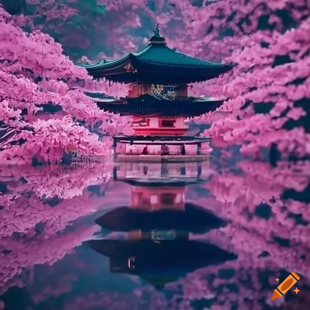 Japanese water temple with cherry blossoms inspired by Avatar
