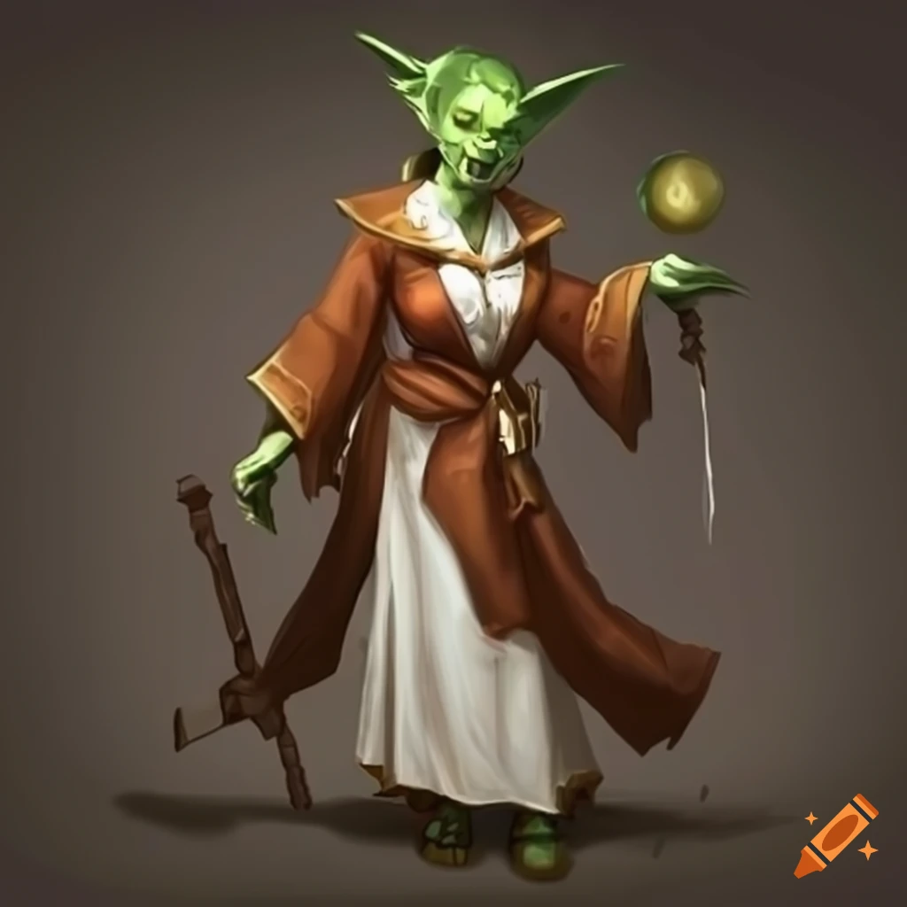 Female goblin apothecary in a white robe
