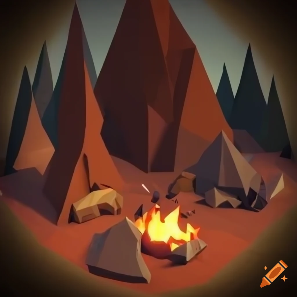 Low poly rocky terrain with an orc camp in a first person view