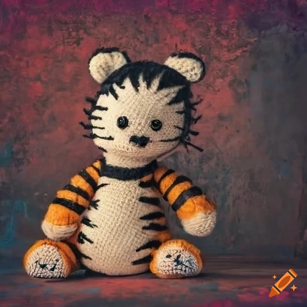 Hobbes plush figurine with six hearts on colorful background