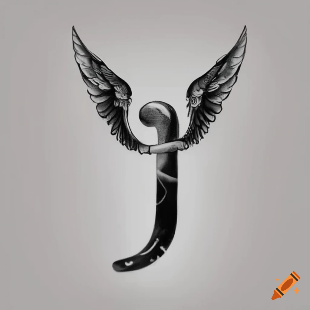 Stylish white letter J tattoo with black angel wings