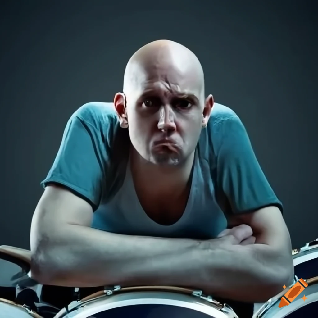 Bald man playing drums with passion in casual attire