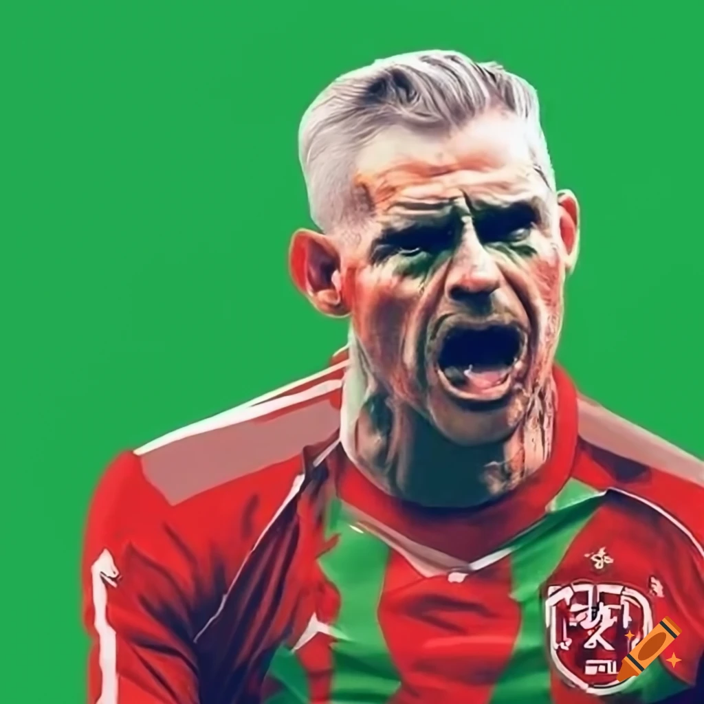 Veteran football team in grey hair and red kits, with circular green team logo