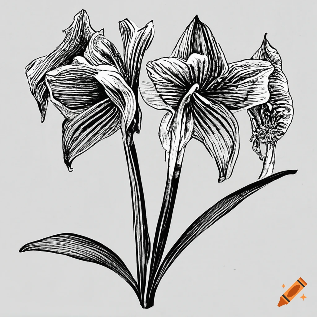 Vintage botanical illustration of intricate Amaryllis plant in black and white