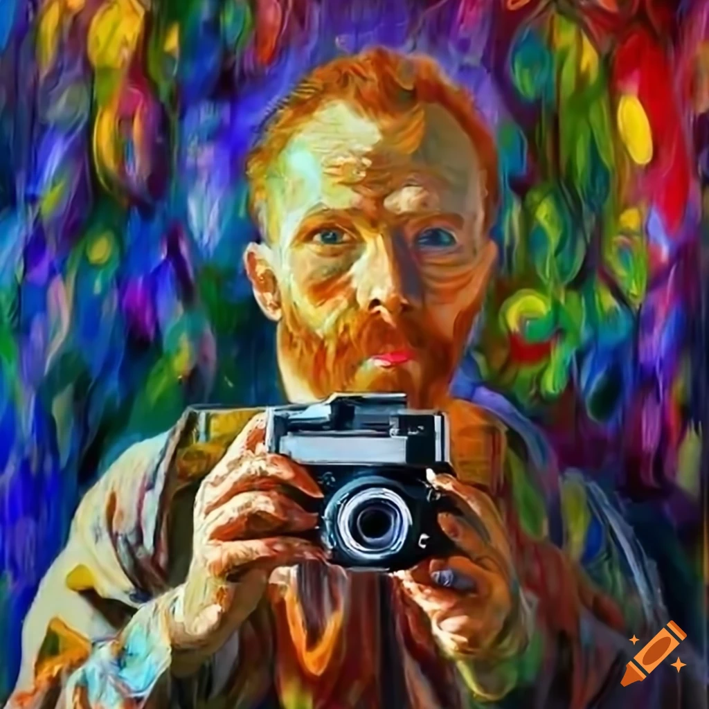 Man with Fuji film camera against colorful abstract background