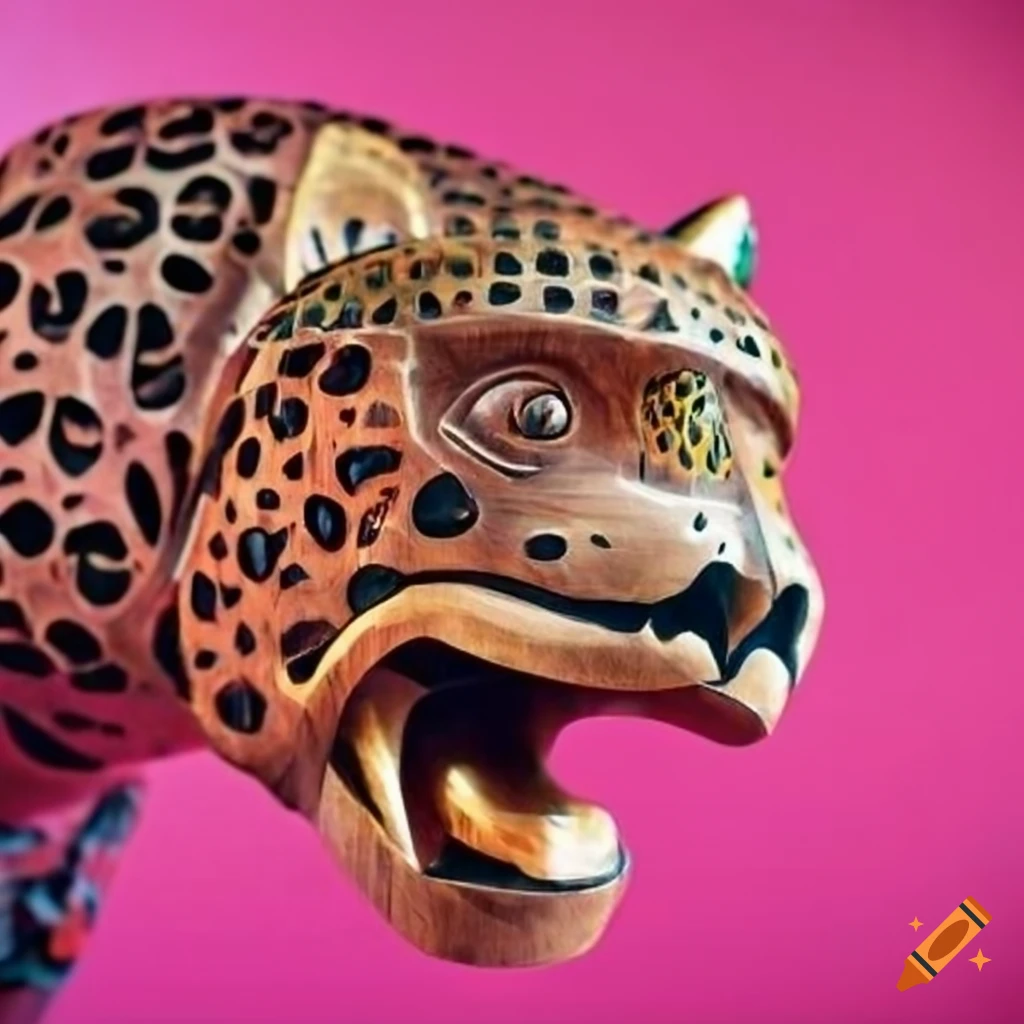 Authentic Bali wood carved jaguar on a vivid pink background
